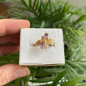 Vintage 14K Gold Plated Ring with Purple Crystal Stones